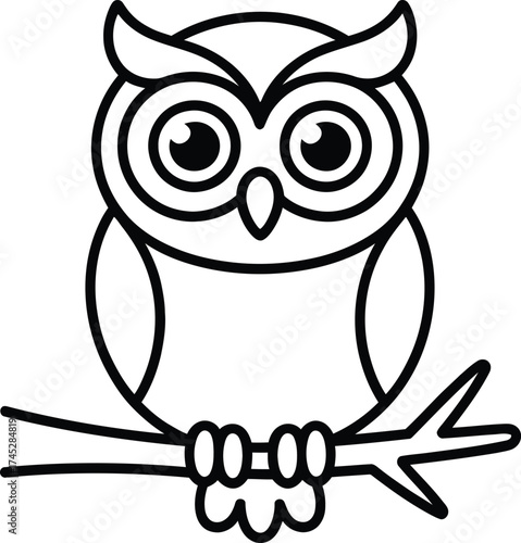 Cute Cartoon Owl Illustration on a Branch Black and White Vector