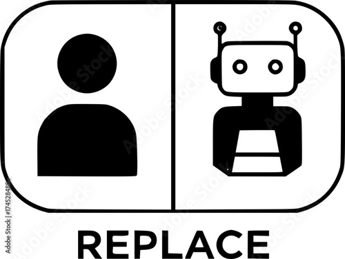 The concept of automation-related layoffs. The "Replace" button with human and robot icons symbolizes the replacement of employees by artificial intelligence, technological progress, and job loss.