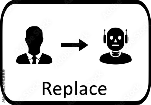 The concept of automation-related layoffs. The "Replace" button with human and robot icons symbolizes the replacement of employees by artificial intelligence, technological progress, and job loss.