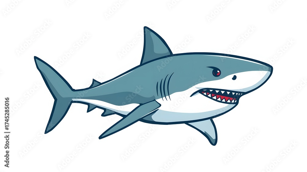Fototapeta premium Sharp-Toothed Predator: A stylized depiction of a powerful shark, rendered in vibrant colors, showcasing its sharp teeth and streamlined form against a clear backdrop.