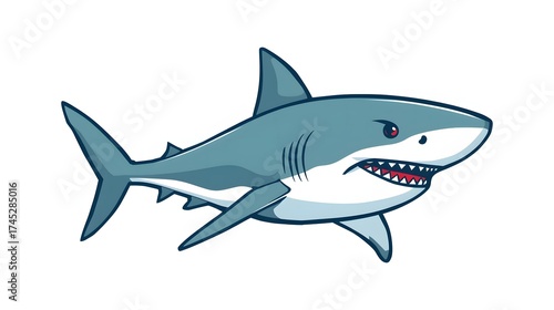 Sharp-Toothed Predator: A stylized depiction of a powerful shark, rendered in vibrant colors, showcasing its sharp teeth and streamlined form against a clear backdrop.