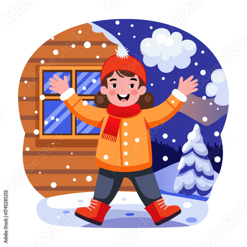 Flat style illustration showing a kid enjoying snow 

