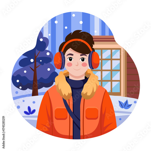 A flat style illustration showing a kid wearing earmuffs 
