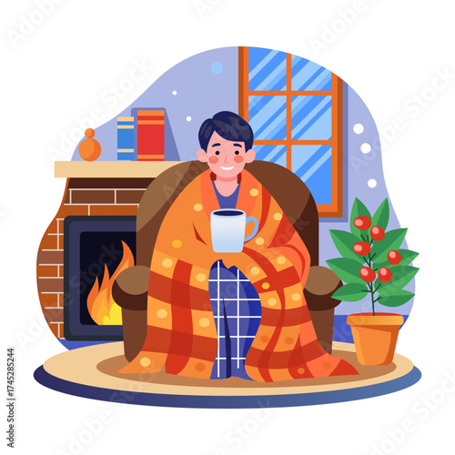 A flat style illustration showing a cozy room 
