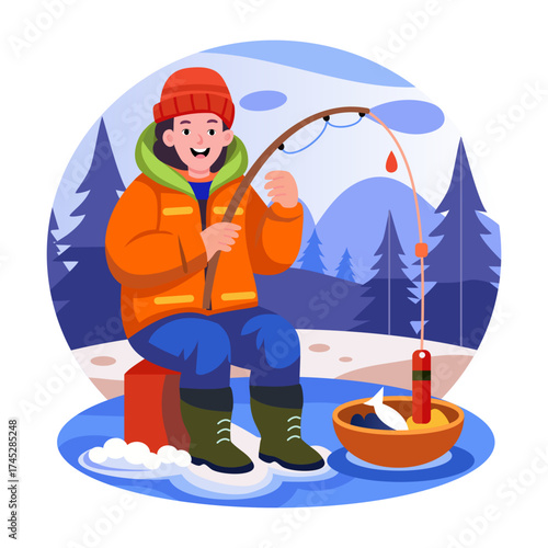 Flat style illustration showing a person doing ice fishing 

