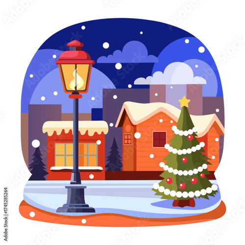 A flat style illustration showing a winter 
