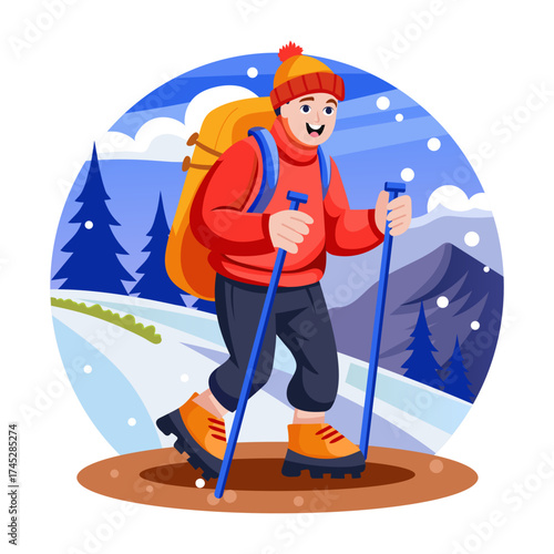 A flat style illustration showing a person doing winter hiking 