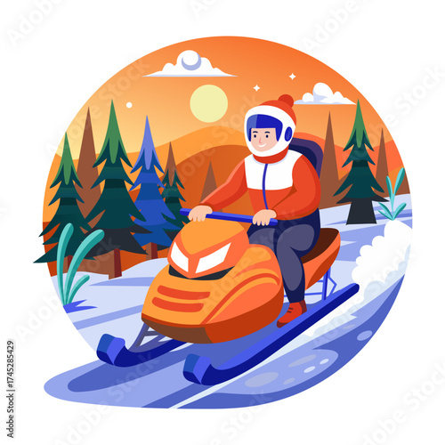 A flat style illustration showing a person enjoying snowmobile ride 