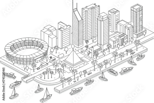 Modern coastal cityscape, isometric urban architecture, tropical waterfront skyline, stadium, boats, palm trees, monument, skyscrapers, pedestrian zone, transport, tourism, infrastructure, 