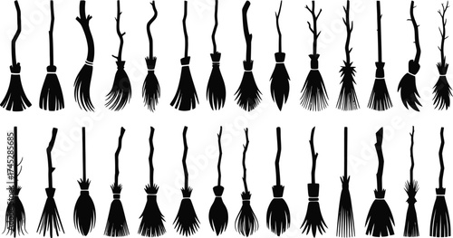 Halloween brooms silhouettes collection various designs and styles on white background