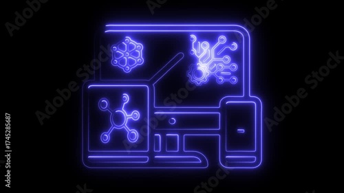 Blue Neon Outline Of Computer Devices And Network Icons On Black Background technology connection