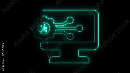 Cyan Neon Outline Of Computer Monitor With Gear And Circuit Board Icon On Black Background technology