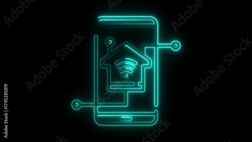 Cyan Neon Outline Of Smartphone With Smart Home Icon And Wifi Symbol On Black Background technology mobile