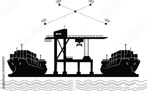 Smart port illustration, cargo ship, dockyard crane, wireless network, maritime logistics, shipping technology, container terminal, communication system, vector style, black and white, automation