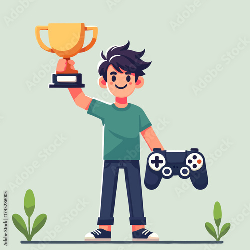 Happy Young Gamer Holding Gold Trophy and Game Controller on Green Background