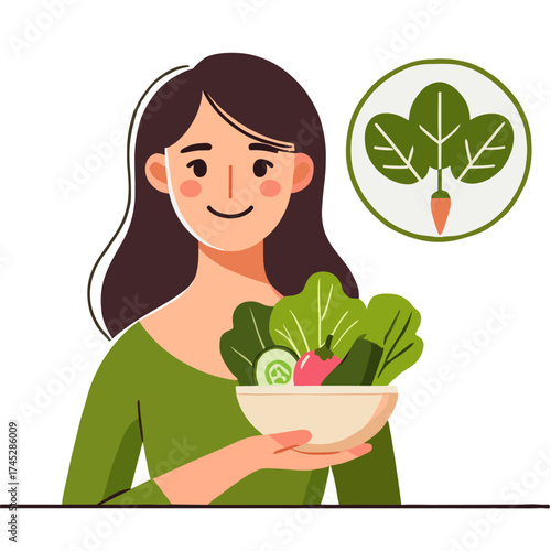 Flat Illustration of Woman Holding Salad Bowl with Greens and Vegetable Icons