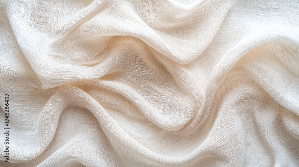 Fototapeta premium Unbleached cotton background natural fabric texture flowing waves soft folds neutral cream tones eco-friendly material for web design seamless organic surface