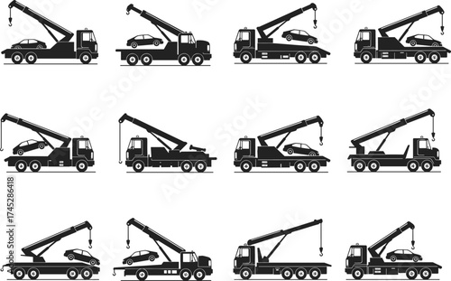 Tow truck icon set, vehicle recovery, car lift, roadside assistance, transport service, silhouette style, black and white, vector illustration, emergency towing, automotive support