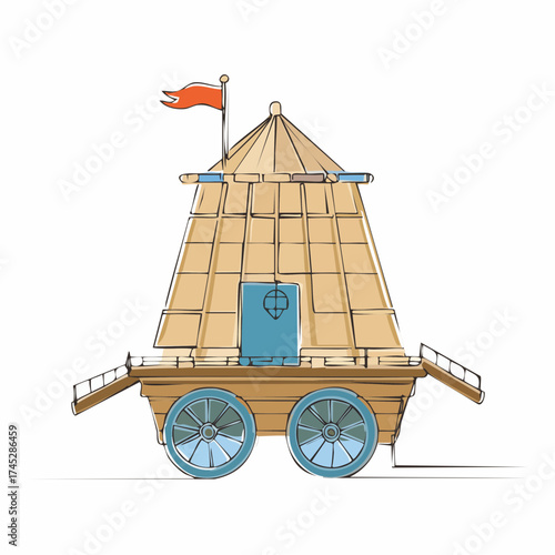 Wooden cart with conical roof and flag