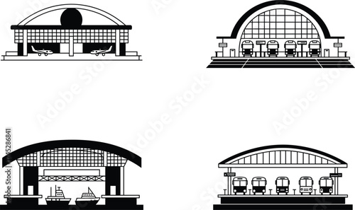 Transportation terminal icon set, airport, bus station, seaport, train terminal, black and white, vector illustration, infrastructure, travel hub, public transit, minimal style