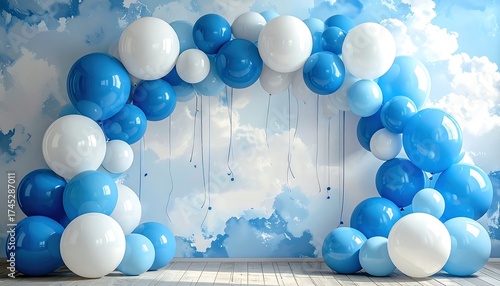 Archway of blue and white balloons against a sky-patterned wall