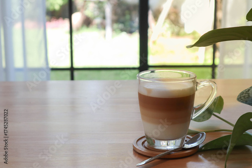 Relaxing composition of a green plant Beautiful green plant  Silver Philodendron a cup of iced coffee beside a window. Bright and calm tone suitable for home lifestyle, work from home 