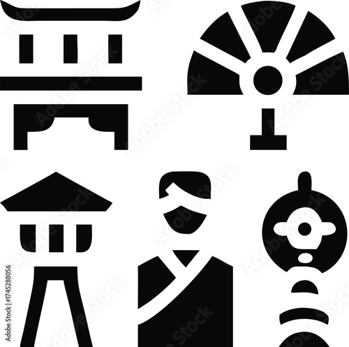 Japanese culture symbols with shrine and fan
