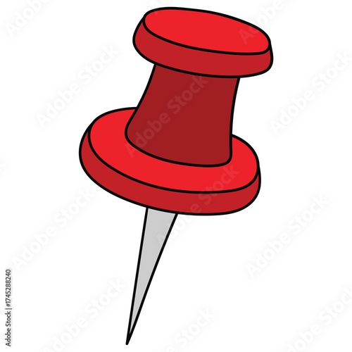 Hand-drawn cartoon red push pin on a white background.