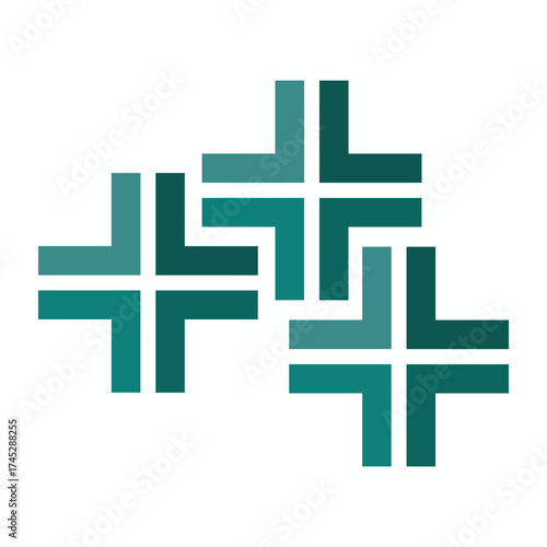 A group of four teal plus signs arranged in a geometric pattern isolated on white background, a design