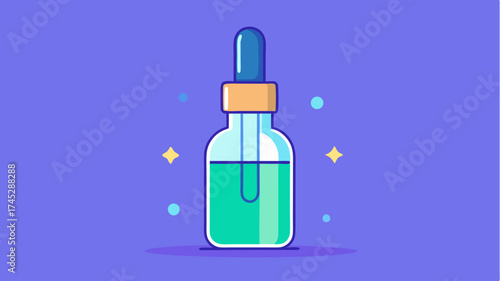 A dropper bottle filled with a vibrant serum illustrating an essence with light reflections conveying a sense of hydration.