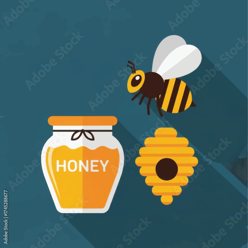 A jar of honey with a bee and a beehive.