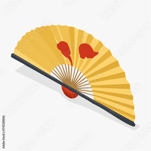 Yellow folding fan with red pattern