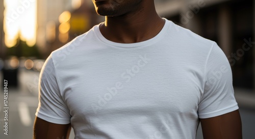 Close-up of a man modeling a plain white t-shirt at sunset.
