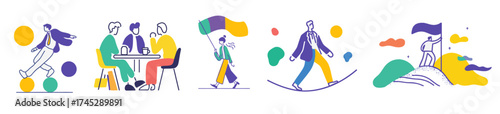 Business success icons set with teamwork, innovation, leadership, and achievement illustrations in modern flat line art style