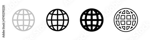 Depiction of four variations of world globe vector icons on a white backdrop