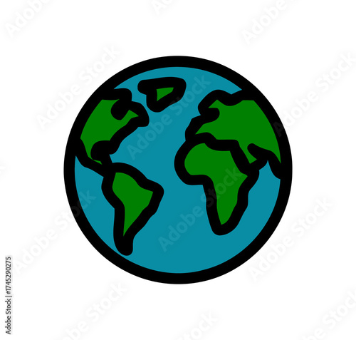 Flat world globe with green land masses and blue oceans on a white background