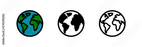 Three World Globe Icons in Color and Black and White for Earth Day