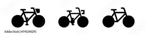 Bicycle icon set featuring roadsters with front lights, symbols in solid black