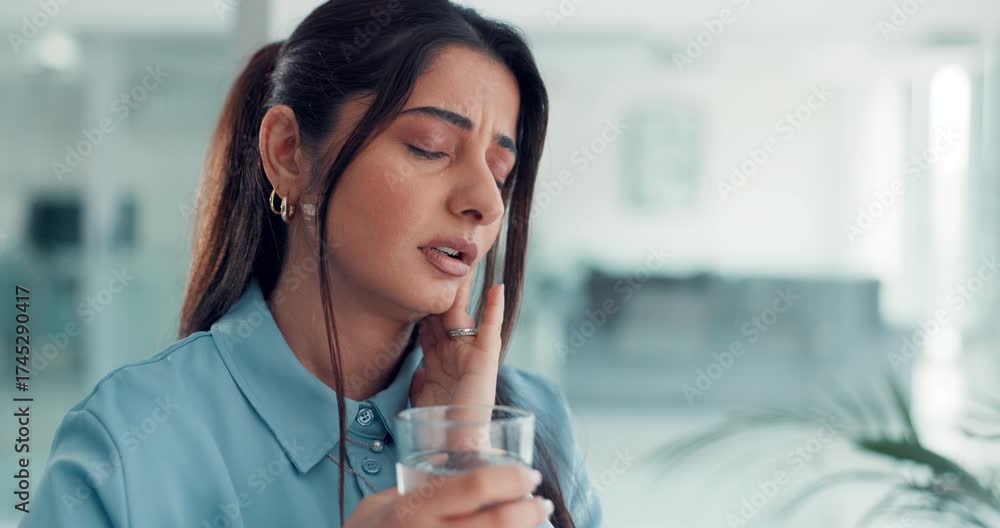 Woman, toothache and stress for pain in office with glass, water and massage for relief at media agency. Person, writer and frustrated with dental crisis, cavity or rotten teeth at creative workplace