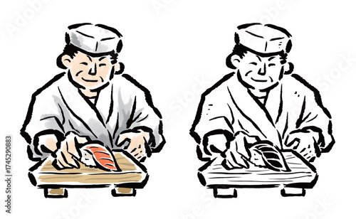 寿司下駄に寿司をのせて差し出す寿司職人　カラー・線画セット