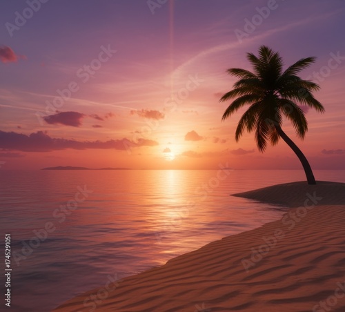 Tropical island at sunset, palm tree silhouette against a vibrant orange and purple sky
