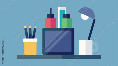 A closeup of a modern desk organizer filled with pens sticky notes and a digital tablet beside a stylish lamp emitting soft light.