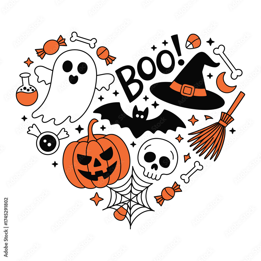 Fototapeta premium Cute Halloween Heart Vector Illustration, Ghost Pumpkin Candy T-shirt Design with Skull and Witch Hat