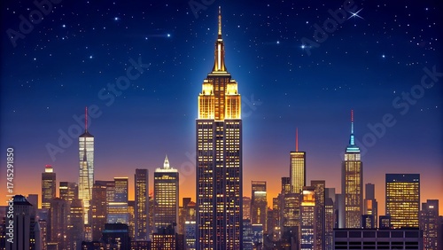 Iconic Empire State Building at Night in New York City Skyline 