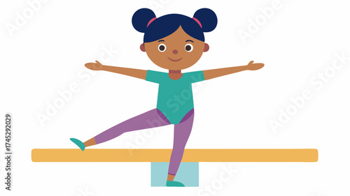 A child practicing gymnastics on a balance beam illustrated with vibrant colors and an emphasis on graceful motion.