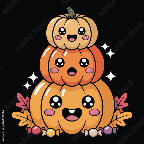 Kawaii Pumpkin Stack Vector Illustration, Cute Halloween Jack-o'-lantern T-shirt Design with Candy