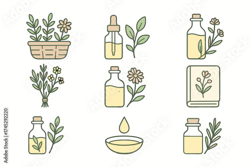 Herbal Essential Oils and Natural Care Icon Set