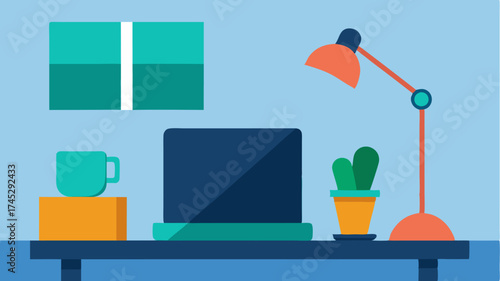 A contemporary office scene showing a laptop on a slender desk with a stylish oversized coffee mug accented by a modern floor lamp.