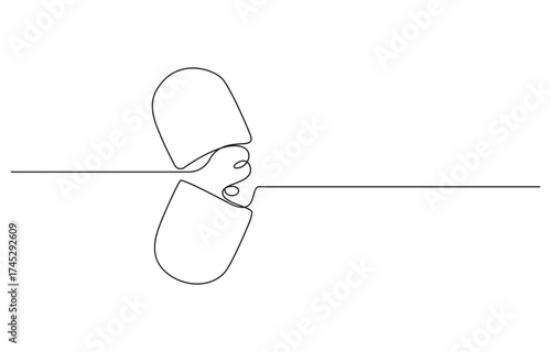 Continuous one line drawing of capsule. Single one line drawing single pill, capsule isometric icon.