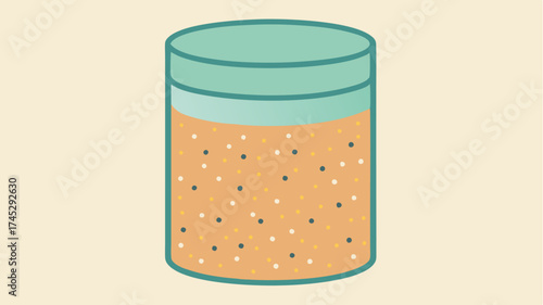 A cylindrical container with a wide mouth designed for a gently exfoliating scrub adorned with grains and a refreshing color palette.
